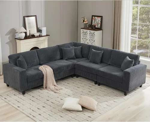 Vista 3 de Anwick Sofá modular en forma de L de 117 pulgadas, moderno sofá modular de pana con otomana movible de 5 asientos, sofás seccionales convertibles