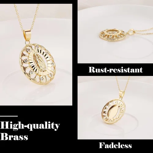 Vista 3 de HZMAN 14K Gold Plated Virgin Mary Necklace for Women Girls Cubic Zirconia Halo Dainty Classic Our Lady of Guadalupe Amulet Pendant Jewelry Gift