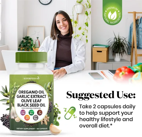 Vista 7 de Superfood MD Aceite de orégano Extracto de ajo, hoja de olivo, aceite de semilla negra, astrágalo, para mujeres y hombres, 60