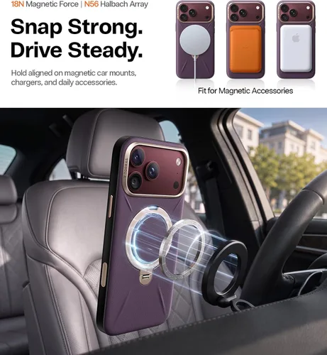 Vista 4 de TORRAS Funda de cuero para iPhone 18 Pro Max, soporte magnético 360, morado Morado borgoña.