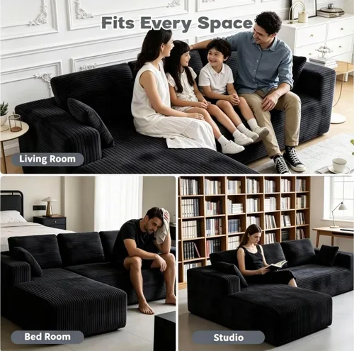 Vista 7 de Sofá modular de pana de 106 pulgadas, sofá en forma de L deshuesado con asiento profundo, sofá de espuma de nube con diván de gran tamaño, sofá Negro