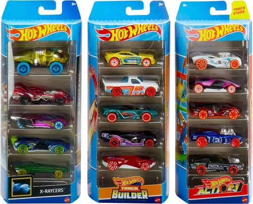 Vista 7 de Coches y Camiones de Juguete Hot Wheels, Juego de Pista con 15 Piezas, 3 Paquetes Temáticos Diferentes de 5 Vehículos a Escala 1:64