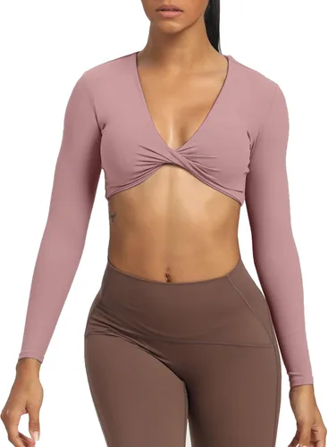 Vista 3 de Aoxjox, Sienna - Camiseta estilo ombliguera de manga larga para mujer, de cuello en V profundo con torsión, camiseta para entrenamiento