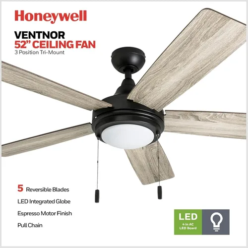 Vista 4 de Honeywell Ventiladores de techo Ventnor, ventilador de techo LED para interiores de 52 pulgadas de estilo granja moderna con luz, interruptor