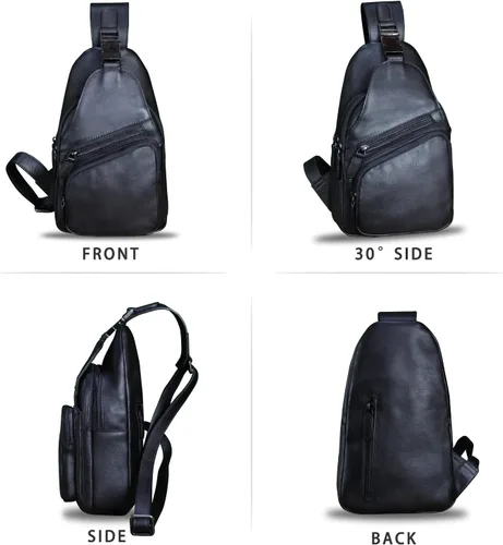 Vista 4 de LRTO Bolso de cuero genuino para hombres y mujeres, estilo vintage, de cuero auténtico, bandolera de hombro, bolso cruzado en el pecho, Grisoscuro