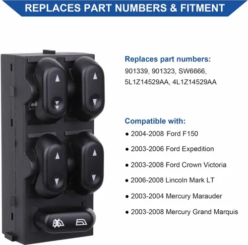 Vista 2 de Power Master - Interruptor de ventana compatible con Ford F150 2004-2008, Ford Expedition 2003-2006, Crown Victoria 2003-2008, Lincoln Mark LT