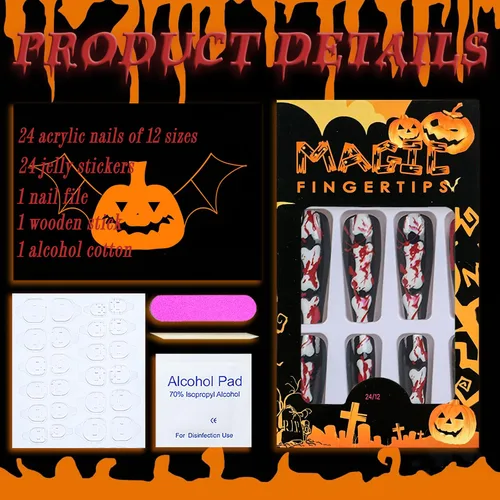 Vista 3 de Uñas postizas largas a presión para Halloween, uñas postizas largas en forma de ataúd, negro y rojo, brillantes, diseño de gota de sangre de terror