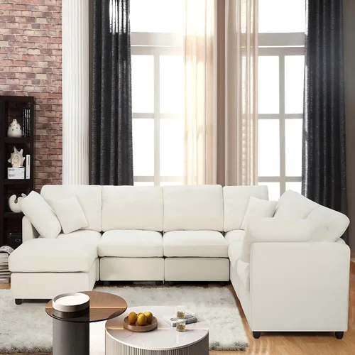 Vista 3 de Sofá modular de 117 pulgadas, sofá modular de felpilla en forma de U con otomana móvil, moderno sofá modular de 7 asientos para sala de estar, Beige