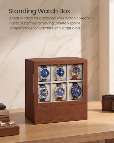 Vista 2 de SONGMICS Caja de reloj, vitrina vertical de 6 ranuras, chapa de madera Marrón café