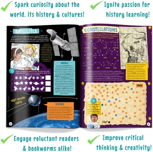 Vista 3 de Mysteries in Time Space - Paquete de actividades para niños de 6 a 11 años, con libro de historia y revista, perfecto para avión sin pantalla