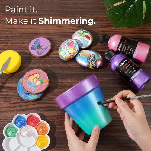 Vista 2 de Nicpro Juego de pintura acrílica metálica (16.9 oz, 500 ml), 14 colores de pintura acrílica grande a granel, suministros de pintura de arte