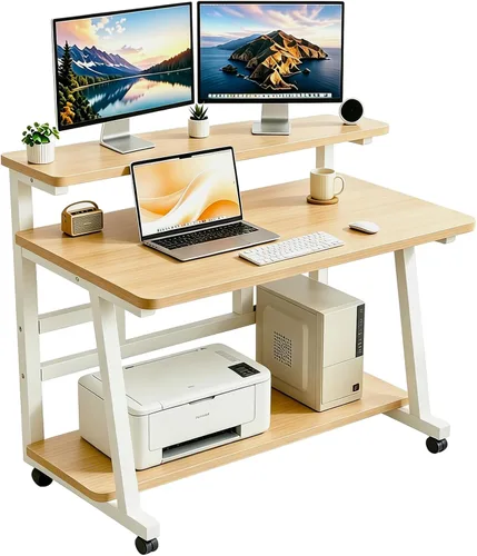 Vista 9 de Escritorio compacto de 31.5 pulgadas para computadora con mesa de trabajo de niveles y ruedas con bloqueo, escritorio pequeño para dormitorio