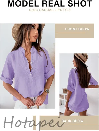 Vista 5 de HOTAPEI Blusas de verano para mujer estilo casual cuello en V manga corta con botones