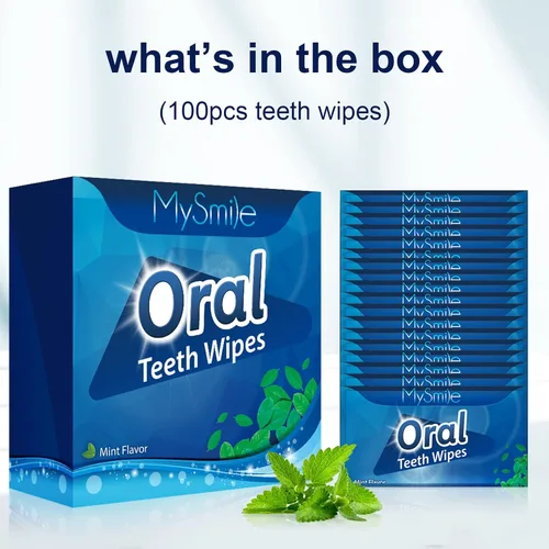 Vista 7 de MySmile 100 piezas de toallitas de dientes, cepillo de dedos de limpieza profunda, cepillo oral para limpieza de dientes, sabor a menta