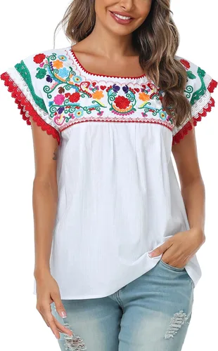 Vista 2 de YZXDORWJ Blusa tradicional colorida con encaje bordado mexicano para mujer, camiseta tricolor para el día de la independencia mexicana