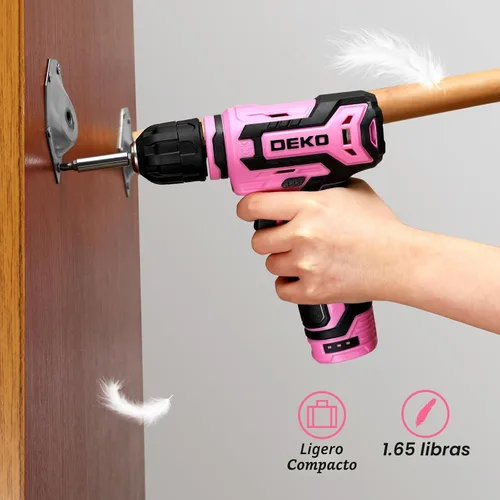 Vista 8 de Taladro inalámbrico: juego de taladro eléctrico DEKOPRO de 12 V con taladros eléctricos rosa de 800 RPM con caja de regalo, juego de taladro rosa