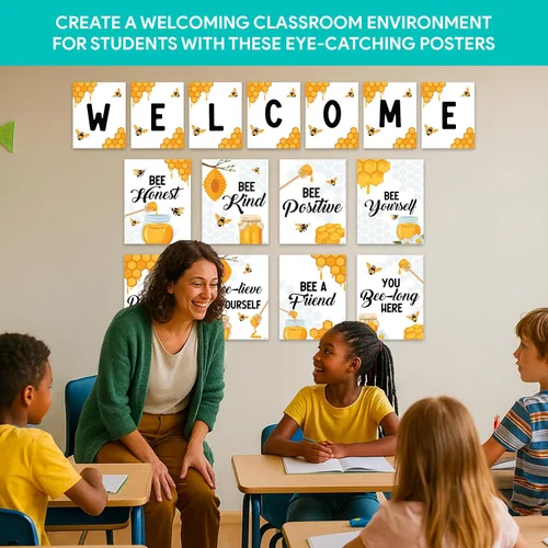 Vista 8 de Decorably 15 carteles de bienvenida con temática de abejas para aulas, escuela primaria, secundaria, inspirador, laminado mate con diseño vibrante
