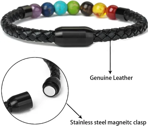 Vista 3 de Pulsera de cuentas de cuero genuino con cierre magnético de 8.5 pulgadas