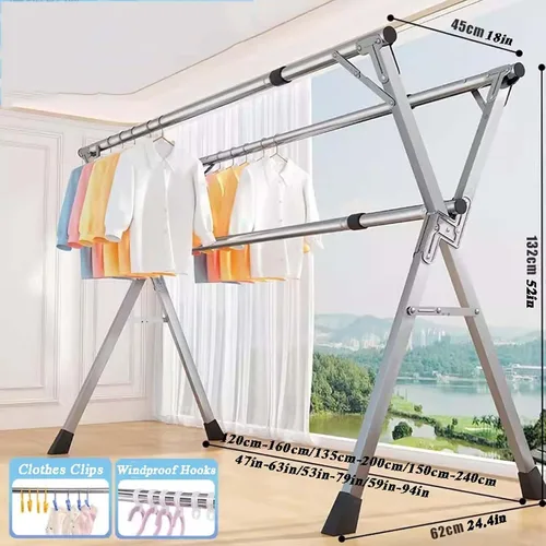 Vista 7 de Heavy Duty Stainless Steel Clothes Drying Rack - Adjustable Length Garment Rack for Indoor/Outdoor Use, Foldable with Windproof Hooks, 63In -(One