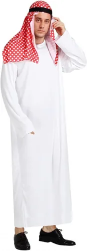 Vista 2 de Disfraz de jeque árabe árabe para hombre, de manga larga, túnica de Oriente Medio con bufanda para la cabeza, conjunto para Halloween Estampado