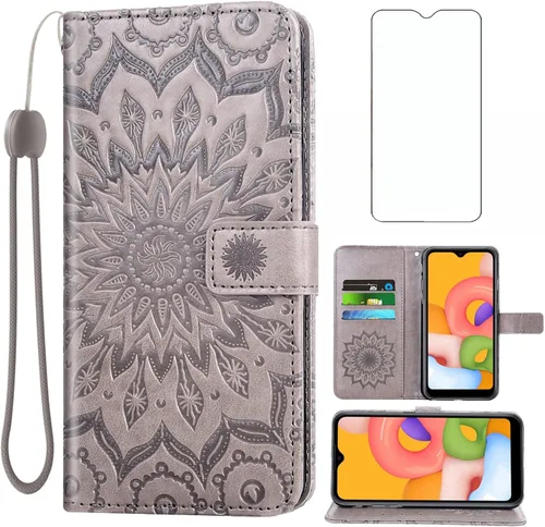 Vista 8 de Asuwish Funda de teléfono para Samsung Galaxy A01 con protector de pantalla de vidrio templado y funda delgada de cuero con soporte para tarjetas