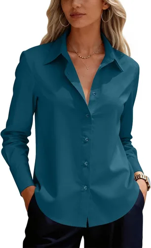 Vista 32 de siliteelon Camisas de vestir con botones para mujer, camisas de vestir de manga larga para mujer, camisas de trabajo de algodón de ajuste regular
