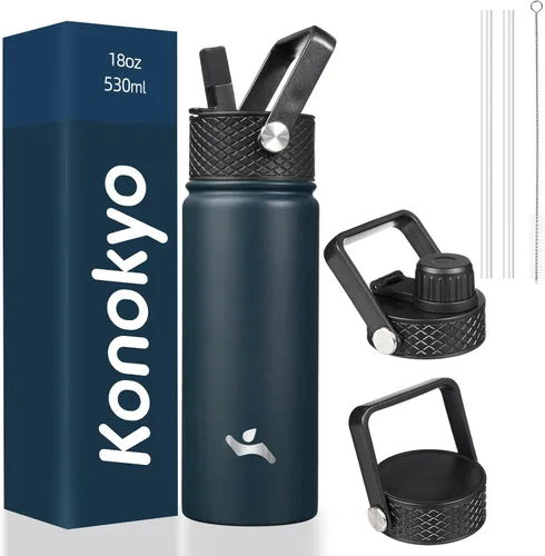 Vista 43 de Konokyo - Botella de agua aislada de 18 onzas, botellas deportivas de acero inoxidable con 3 tapas, verde militar