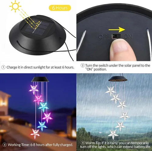 Vista 5 de Lámpara móvil de energía solar de Lainin, con carillón de estrellas transparentes que cambian de color y giran con el viento. Para decoración e