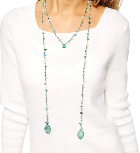 Vista 4 de AeraVida Moderno collar largo con cuentas de turquesa simulada, concha marina y piedras mixtas en cuerda de algodón, estilo lariat, resina