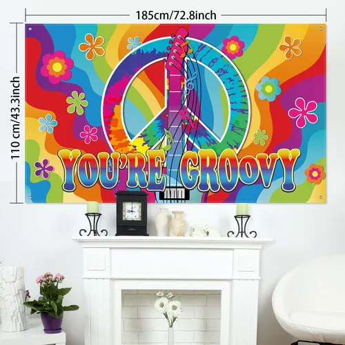 Vista 2 de Blulu Pancarta de decoración de fiesta hippie de los años 60 y 70, 73 x 44 pulgadas, decoración grande con temática de Groovy You are Groovy Tie Dye