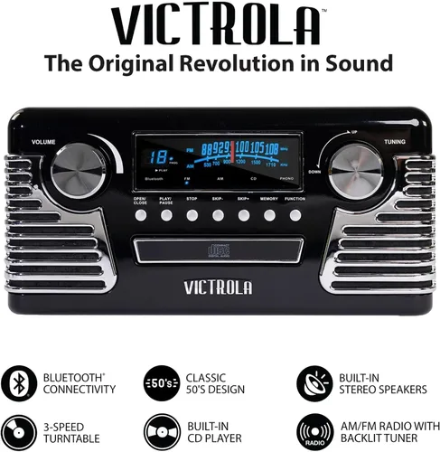 Vista 3 de Victrola Haley - Tocadiscos retro con Bluetooth y centro multimedia con altavoces integrados - Tocadiscos de 3 velocidades, reproductor de CD, radio