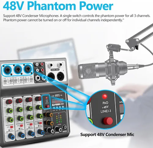 Vista 10 de Aveek Mezclador de Audio Profesional, Consola de Mezcla de Placa de Sonido con 5 Canales Digital USB Bluetooth, Efecto de Eco y Retraso, Entrada