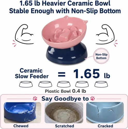 Vista 5 de Cuenco de cerámica para gatos de alimentación lenta Rosa