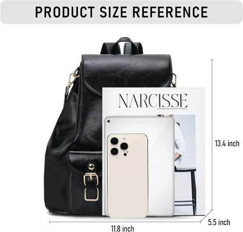 Vista 4 de Chillo - Mochila grande de cuero vegano para mujer, diseño multiusos, con cordón, Negro -, Mochilas de mochila