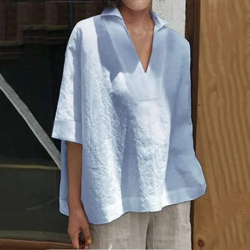Vista 2 de Blusas de manga de codo con cuello en V y cuello en V para mujer, color liso, camisetas sueltas casuales de algodón y lino