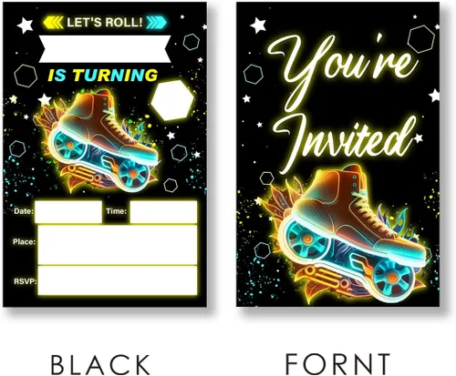 Vista 4 de EUDOSI Juego de 20 invitaciones para fiesta de cumpleaños de patinaje sobre ruedas con sobres con temática de patinaje, tarjetas de invitaciones