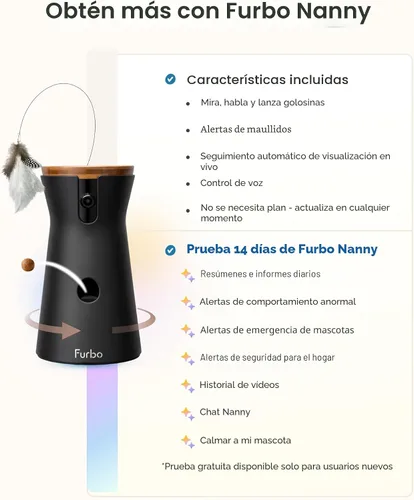 Vista 4 de Furbo 360° Cámara para Gatos: Cámara de Seguridad para Mascotas con Alertas de Miauidos, Vista Rotatoria, Lanzamiento de Golosinas con Aplicación
