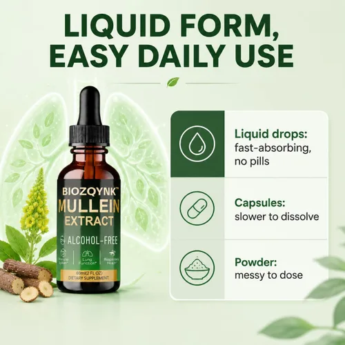 Vista 5 de Gotas de extracto de hoja de gordolobo - Apoyo pulmonar, respiratorio e inmunológico, 2 onzas líquidas Sublingual liquid drops; mullein leaf