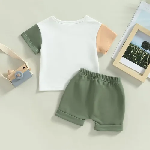 Vista 3 de Ynibbim Conjunto de 2 piezas de ropa de verano para niños pequeños con estampado de letras y pantalones cortos elásticos