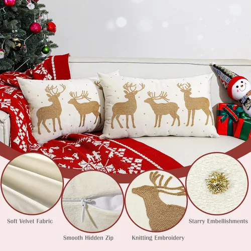 Vista 4 de Lewondr Funda de almohada decorativa de terciopelo suave de Navidad, paquete de 2, con bordado de ciervos, lujosa funda de cojín para sofá