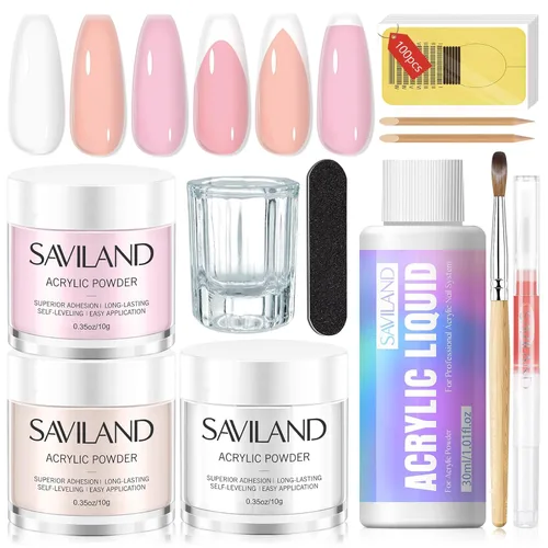 Vista 26 de Saviland Kit de iniciación de uñas acrílicas: polvo y líquido acrílico rosa claro nude, cepillo, limas, formularios, uñas a presión, juego