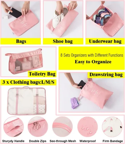 Vista 3 de fancyou - Juego de 8 cubos de embalaje para maletas, organizadores de equipaje, bolsa de almacenamiento grande, ligera e impermeable, bolsa