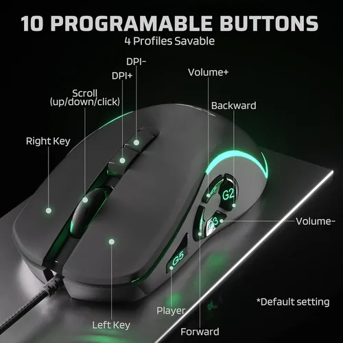 Vista 3 de LTC MKM051 MMO Mouse para juegos, 10 botones programables, 7200 DPI, mouse RGB con cable, construcción ergonómica de agarre natural, 5 teclas macro