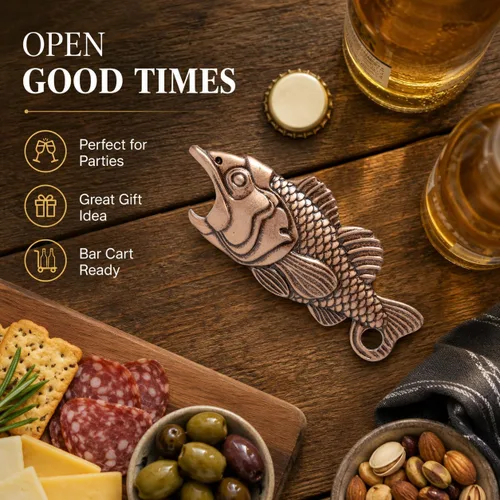 Vista 9 de Abrebotellas de pescado para hombres – Abrebotellas de pesca de cobre antiguo, abridor detallado de cerveza de bajo de boca grande, regalo