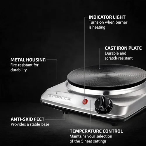 Vista 6 de OVENTE Quemador doble eléctrico para encimera, placa de cocina de 1700 W con placas calientes de hierro fundido de 7.25 pulgadas y 6.10 pulgadas