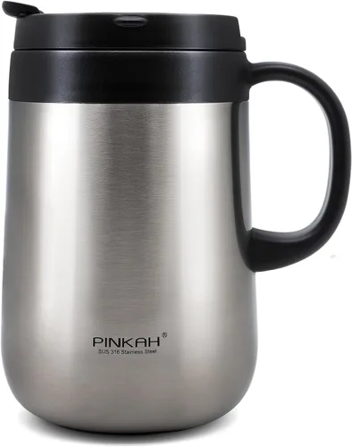 Vista 7 de Taza de café aislada de acero inoxidable de 11 oz / 330 ml con asa, vaso de doble pared con 2 tapas, color negro