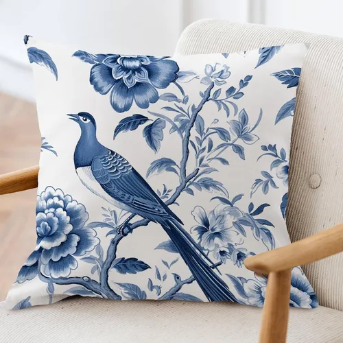 Vista 3 de ArogGeld Funda de cojín azul índigo floral y pájaro azul marino chinoiserie chinoiserie peonía cuadrada almohada tradicional china china europea