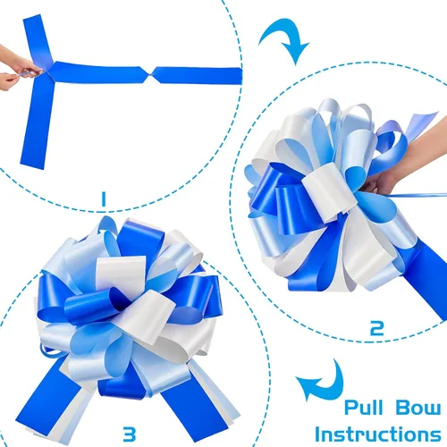 Vista 3 de Lazo grande para automóvil de 20 pulgadas, color azul y blanco, grande, para envolver regalos, con cinta de 20 pies para regalo, decoración