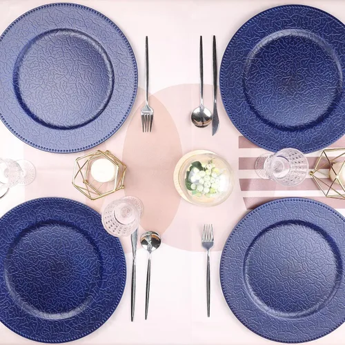 Vista 3 de Platos de carga azul marino con bordes abalorios, juego de 6 platos de plástico para bodas a granel para platos de cena, decoración de mesa