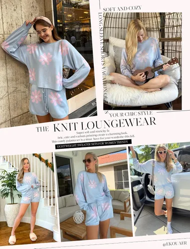 Vista 2 de Ekouaer - Conjunto de pijama de punto para mujer, ropa de descanso, sudadera de manga larga y pantalones a juego, casual, 2 piezas, tallas S-XXL